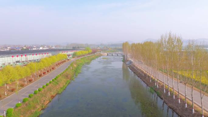 航拍美丽的枣庄白楼湾湿地公园