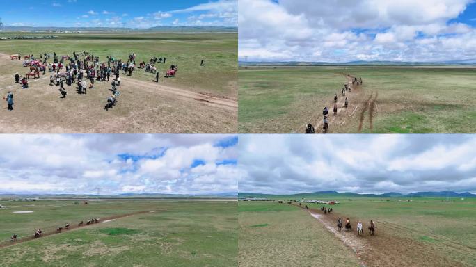 航拍草原运动会赛马骑马 藏族青藏高原习俗