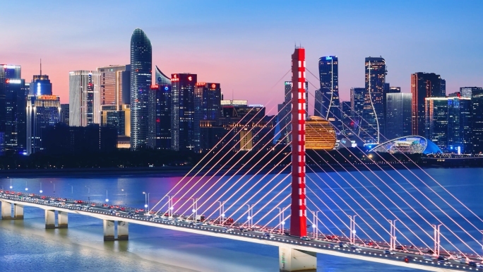 杭州城市夜景航拍钱江新城夜晚