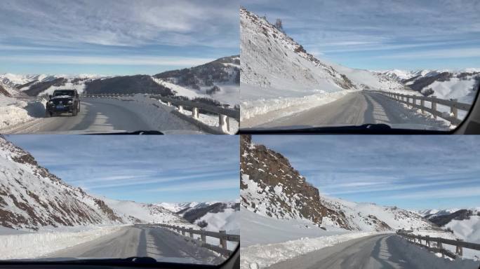 新疆阿勒泰雪景，公路雪景景观，车窗视角