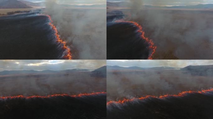 航拍草原火灾着火