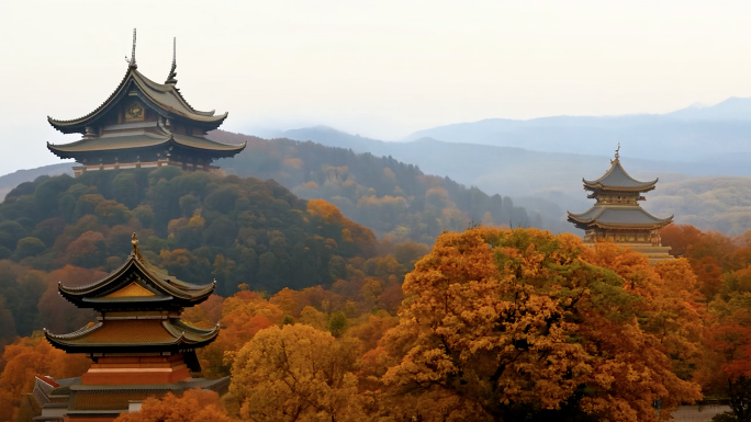 4K秋天山顶的古寺古庙秋景 云雾缭绕