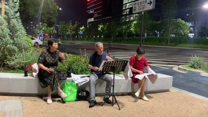 夜晚城市街道老年人二胡演唱