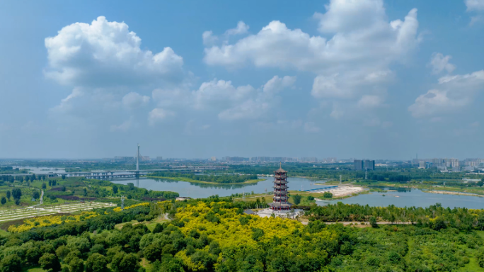 石家庄城市航拍滹沱河复兴大街大桥揽秀塔