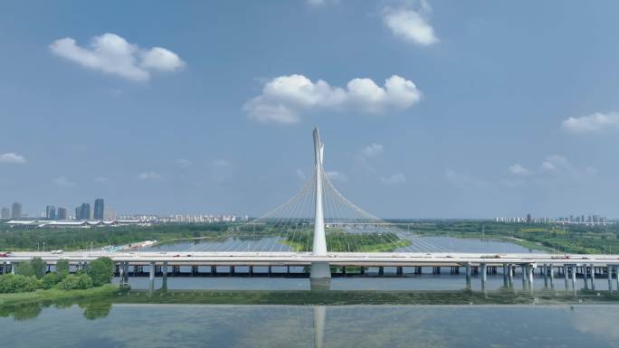 石家庄城市航拍滹沱河复兴大街大桥揽秀塔