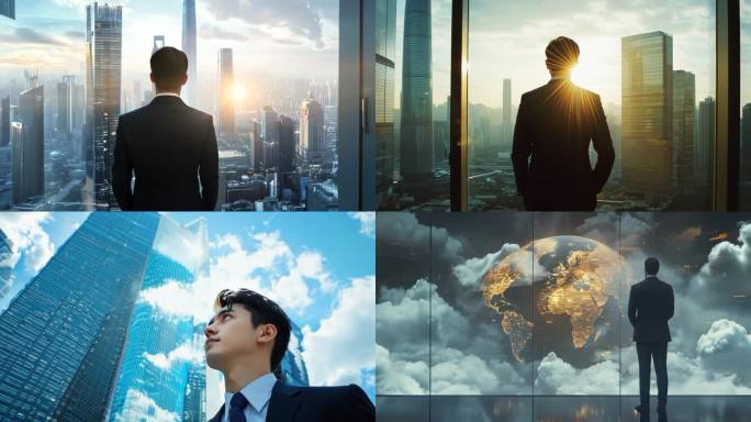 成功人士远望写字楼思考展望未来
