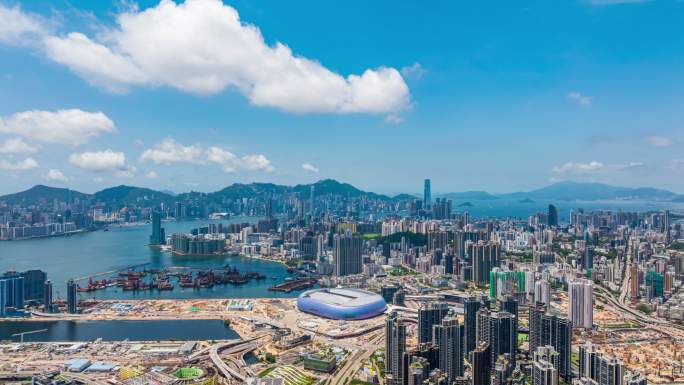 香港九龙城区启德片区蓝天白云航拍延时视频