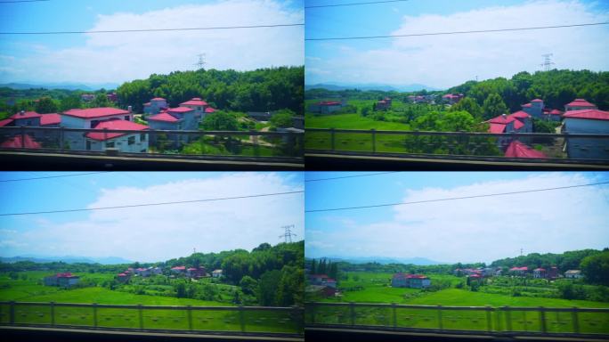 行进中的高铁沿路风光  新农村 青山绿水