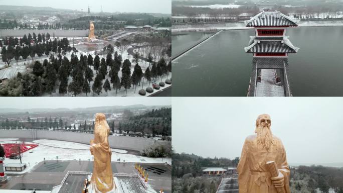 雪中的函谷关航拍河南三门峡灵宝市老子雕像