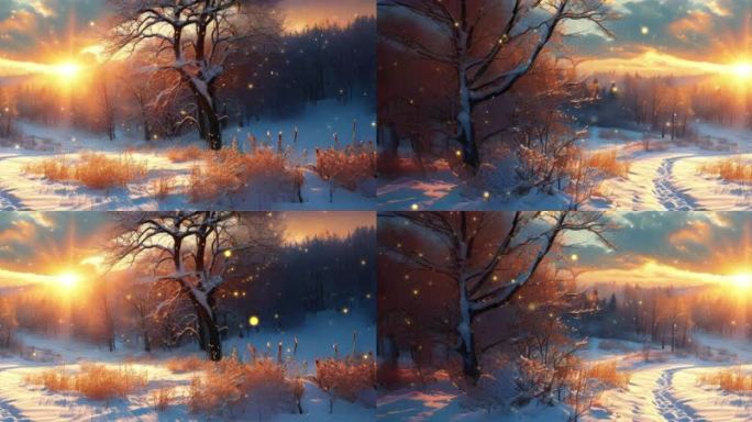 8K冬日暖阳洒满金色的雪地超宽屏