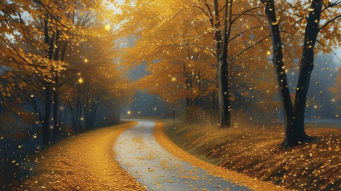 8K秋夜凉风轻拂的金色落叶之路超宽屏