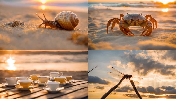 夕阳下的海边空镜一组