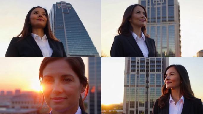 城市夕阳剪影美女商务商业成功人士女性白领
