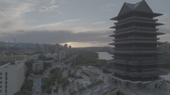 甘肃兰州黄河楼晚霞航拍DLOG原片