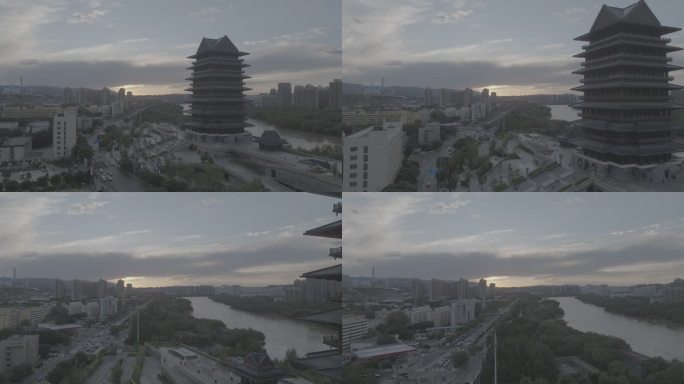 甘肃兰州黄河楼晚霞航拍DLOG原片
