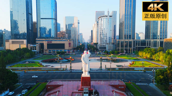 成都地标天府广场科技馆日出航拍延时