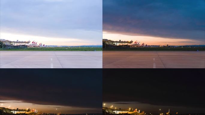 4k飞机起落进出港黄昏日转夜火烧云延时