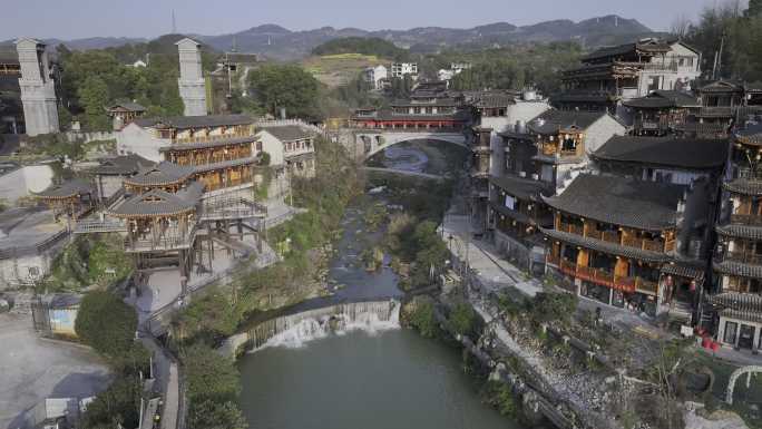 HDR湖南湘西芙蓉镇航拍古镇古建筑风光