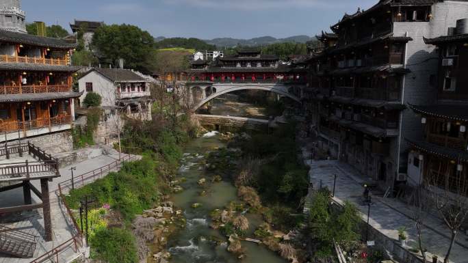 湖南湘西芙蓉镇航拍古镇风景