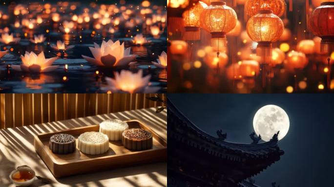 中秋中秋节团圆月亮月饼万家灯火河灯孔明灯