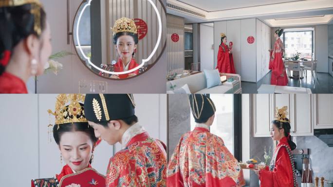 新婚夫妇穿上传统汉服在商品房里举行婚礼