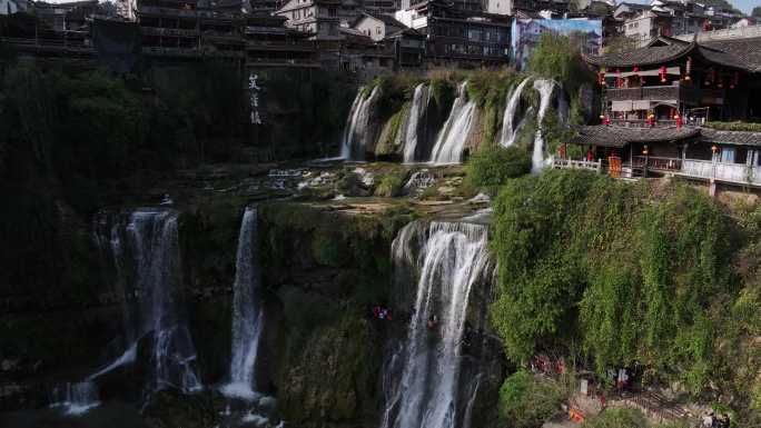 湖南湘西芙蓉镇航拍古镇古建筑风光