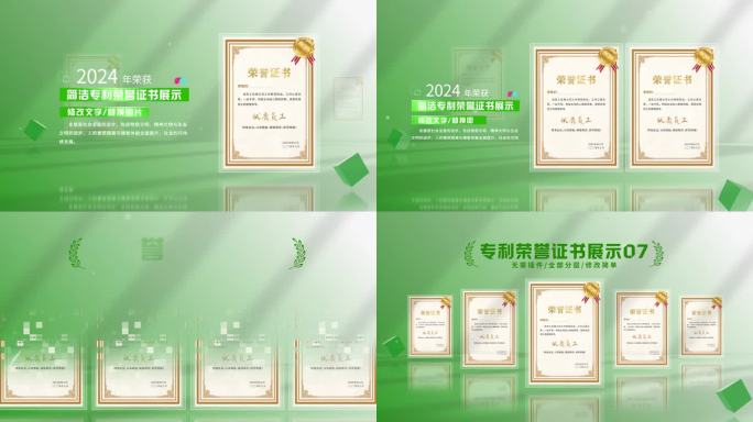 （无插件）绿色简洁专利荣誉证书展示