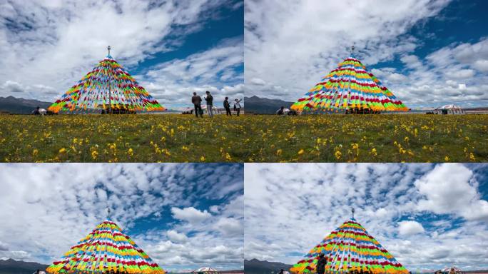 蓝天白云下经幡随风飘扬6k