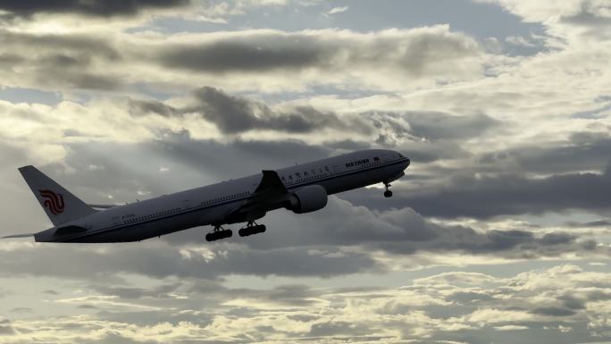 黄昏时飞机起飞场景