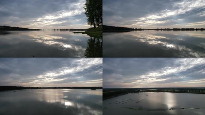 航拍淮河晚霞风光