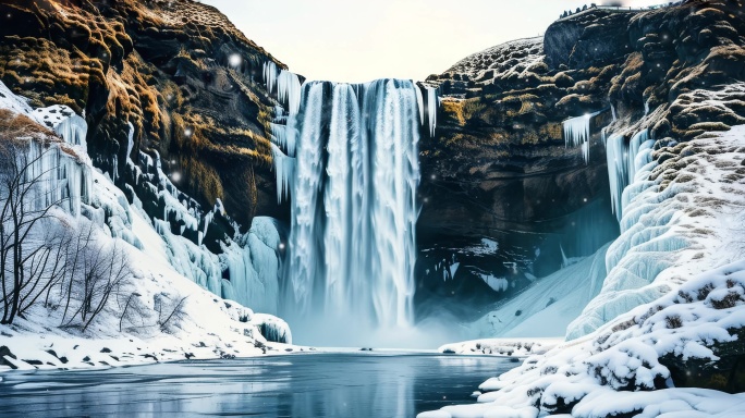 8K冰封瀑布_冬日奇观的银白瀑布超宽屏