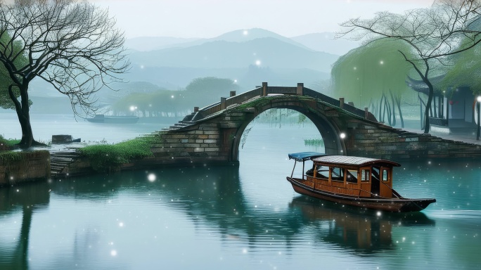 8K古桥流水_烟雨江南_舟行碧波超宽屏