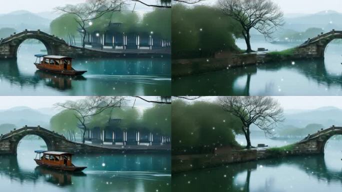8K古桥流水_烟雨江南_舟行碧波超宽屏