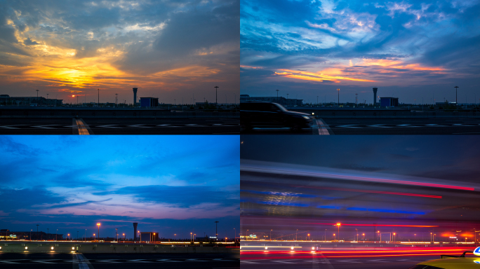 机场/日落/候机楼/云朵/延时