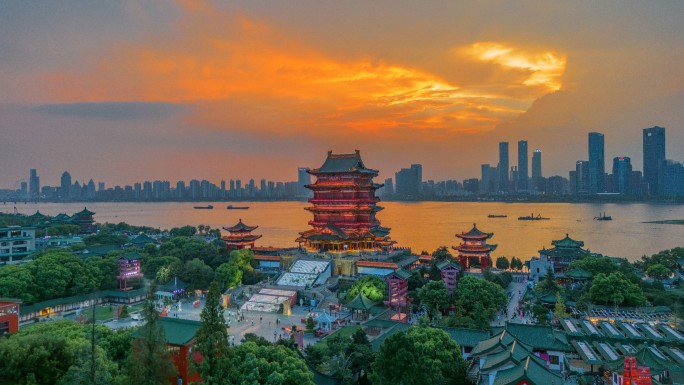 南昌滕王阁晚霞航拍及环绕延时