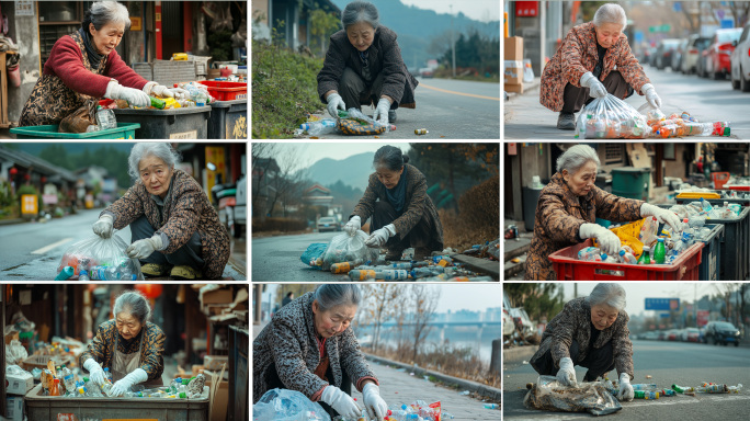 老人拾荒 捡瓶子 捡破烂 底层生活