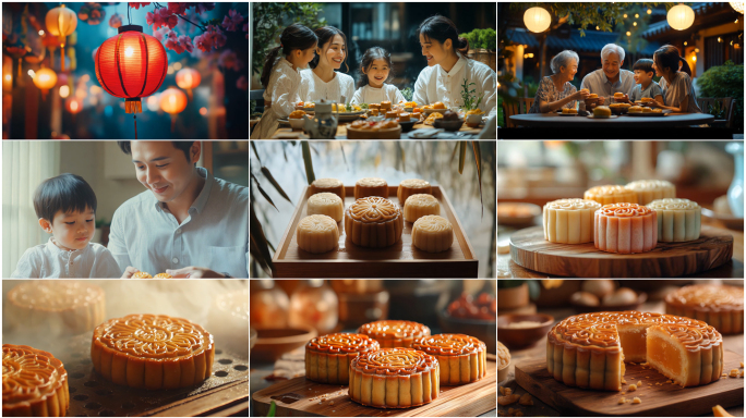 中秋节月饼节团圆吃月饼一家团圆传统节日