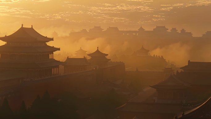晨曦雾气缭绕下的古城
