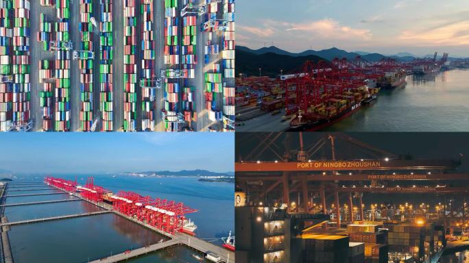 宁波舟山港轮船绝美航拍晚霞港口宣传片素材