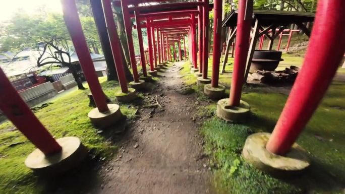 FPV飞过有一排排鸟居门的日本神社