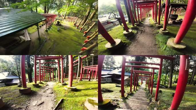 FPV飞过有一排排鸟居门的日本神社