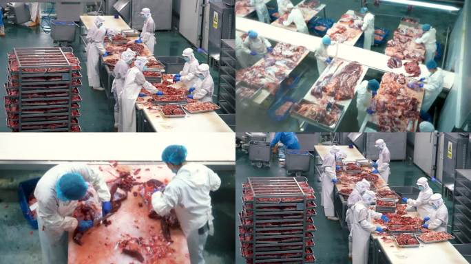 工人在恒温车间进行牛肉分割加工