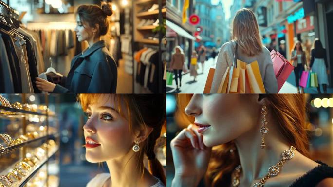 时尚女人购物购买珠宝逛街挑选精致美丽