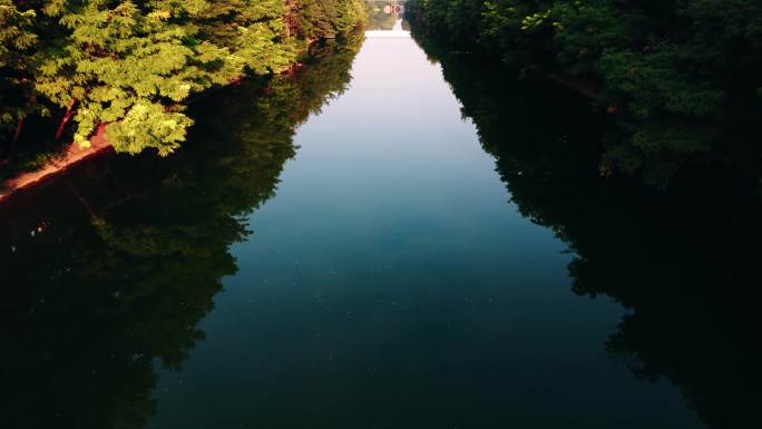 石家庄清晨石津灌渠河道河面河水流淌小桥