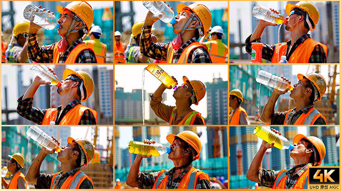 工地建筑工人喝水片头 炎热 酷暑 秋老虎