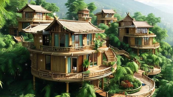 8K云南傣族竹楼_翠竹为材筑高楼超宽屏