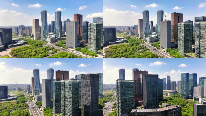 航拍杭州奥体中心钱塘江新城建筑蓝天白云