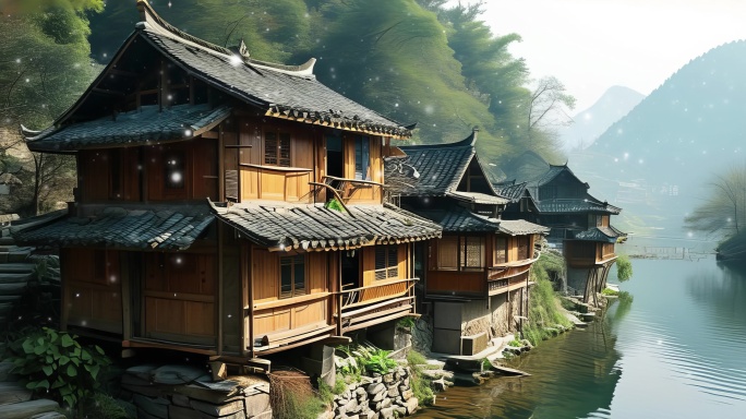 8K苗家吊脚楼_依山傍水木楼悬超宽屏