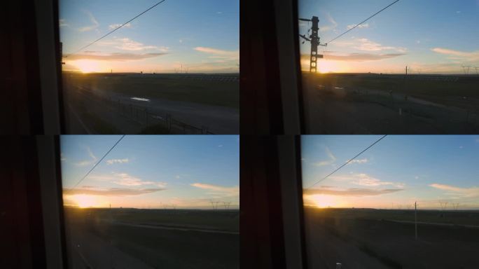 高铁火车窗外夕阳美景