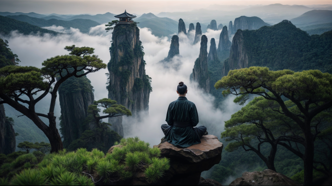和尚道士打坐 意境 禅 登高冥想